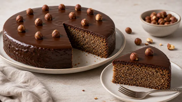 Keto Haselnusskuchen aus gemahlenen Haselnüssen mit dunkler Krume und Schokoladenglasur