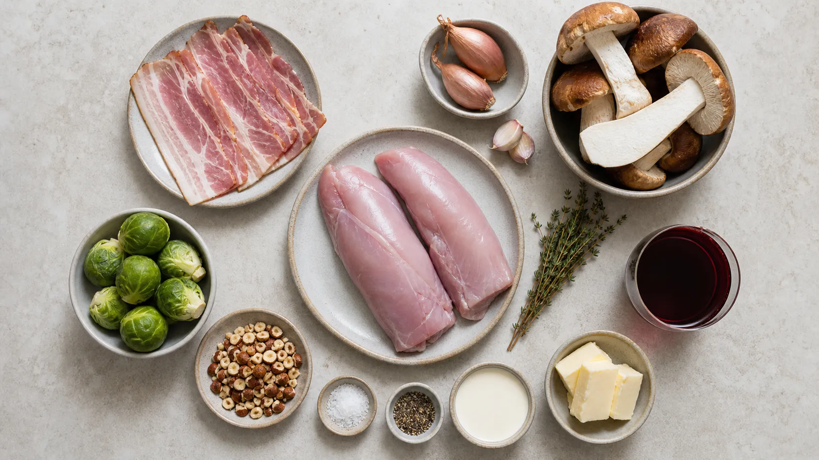 Zutaten für Hasenrücken im Speckmantel: ausgelöste Rückenfilets, Speckscheiben, frische Steinpilze, Schalotten, Thymian und Sahne