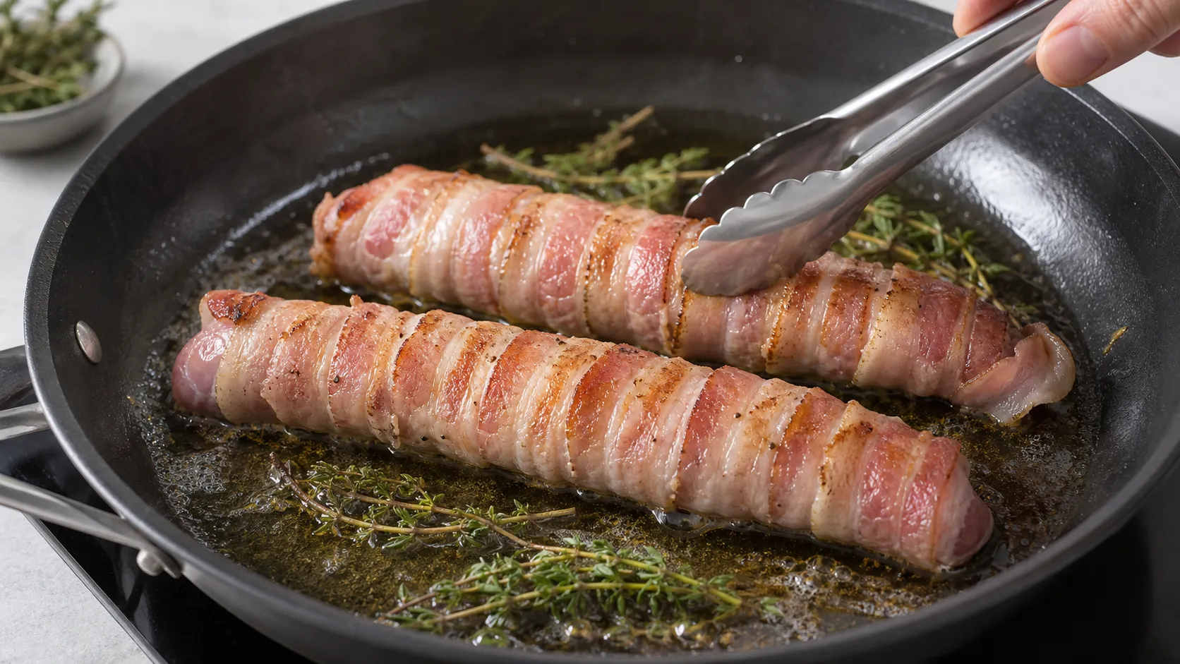 Hasenrückenfilets werden dachziegelartig mit Speckscheiben umwickelt und in der Pfanne angebraten