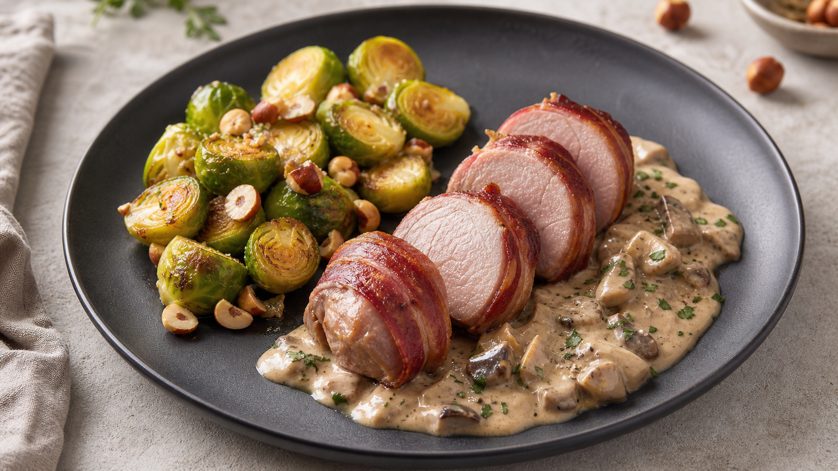 Aufgeschnittener Hasenrücken im Speckmantel mit Steinpilz-Rahmsauce und Rosenkohl auf einem dunklen Teller