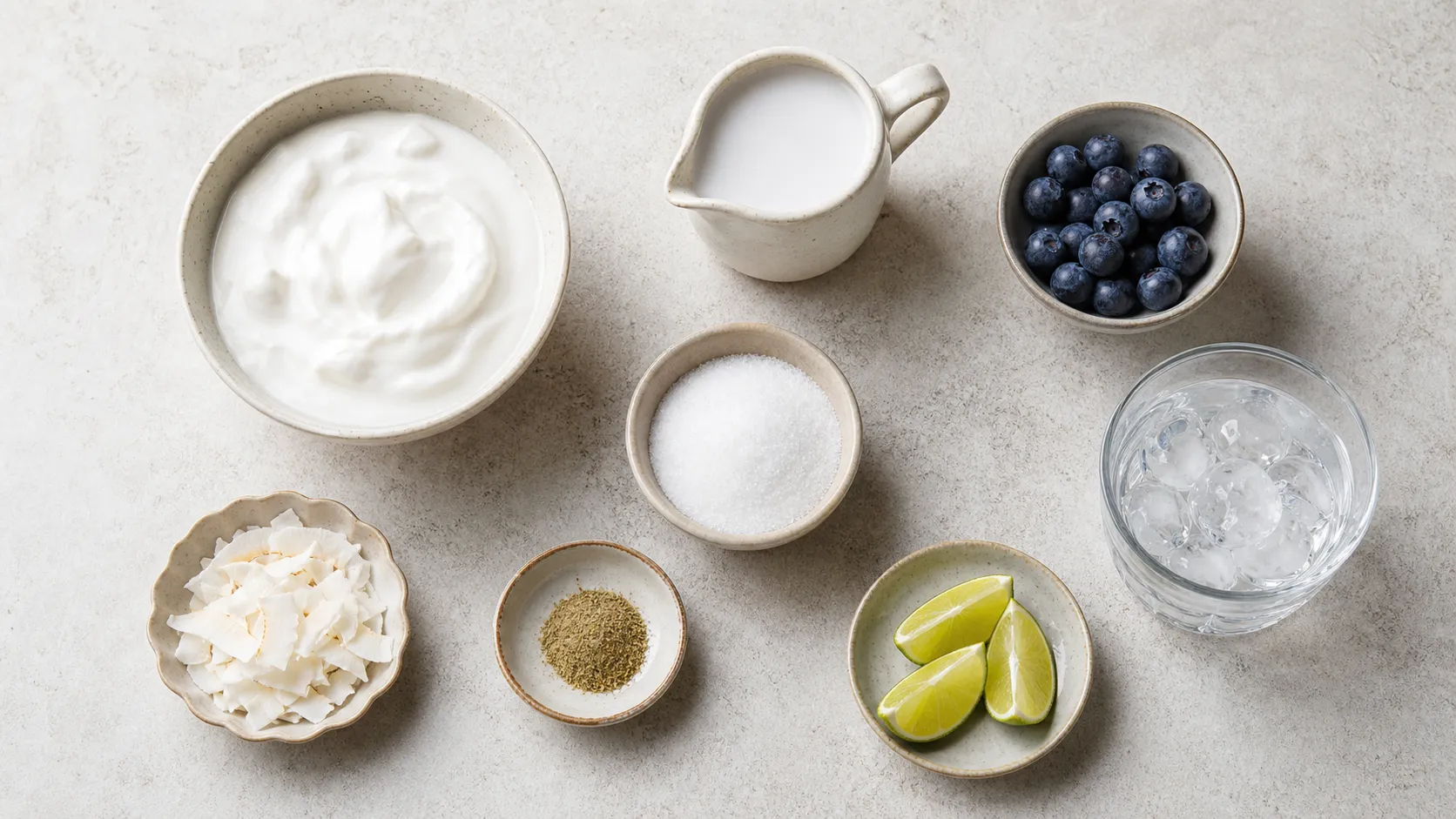 Zutaten für Heidelbeer-Kokos-Lassi: Kokosjoghurt, Kokosmilch, Heidelbeeren, Erythrit, Limette und Kardamom