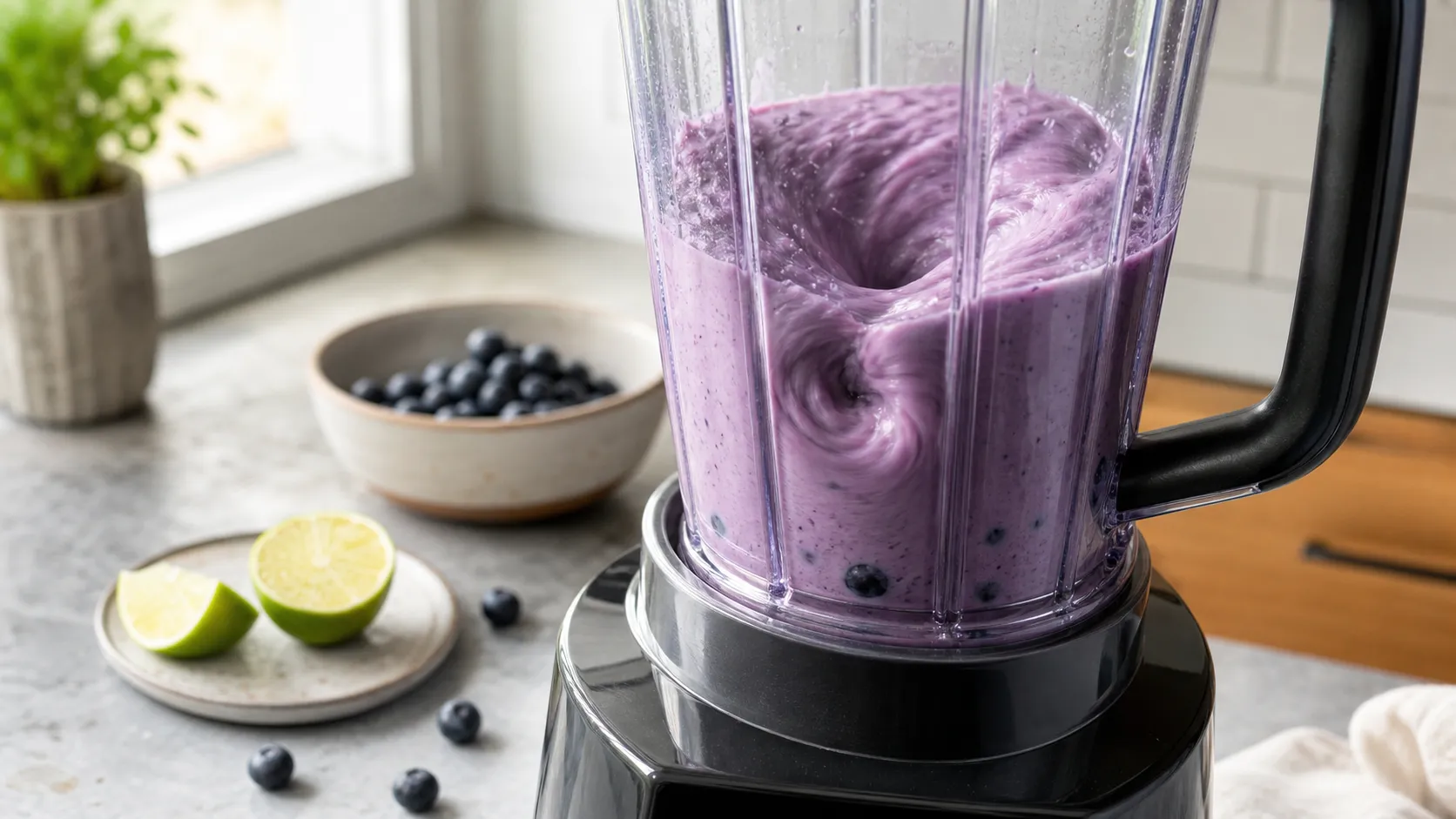 Heidelbeeren, Kokosjoghurt und Kokosmilch werden im Mixer zu einem cremigen violetten Getränk püriert