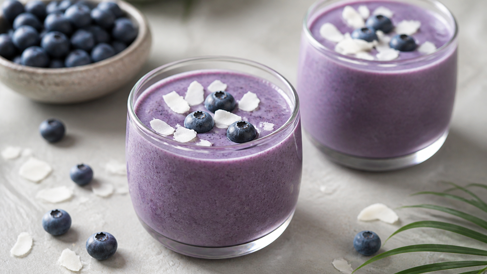 Cremiger violetter Keto-Heidelbeer-Kokos-Lassi in zwei Gläsern mit Kokosflocken und frischen Heidelbeeren
