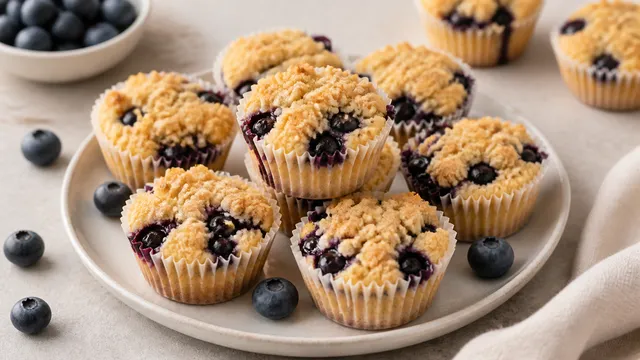 Keto Heidelbeer-Streusel-Bites mit goldbraunen Mandelmehl-Streuseln