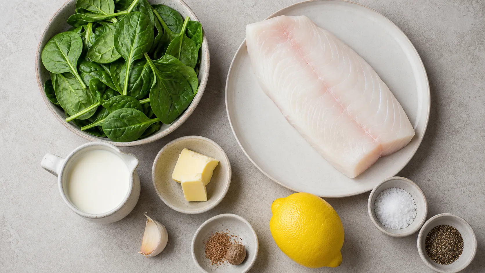 Zutaten für Keto Heilbutt auf Blattspinat mit Heilbuttfilet, Spinat, Sahne, Butter, Knoblauch, Muskat und Zitrone