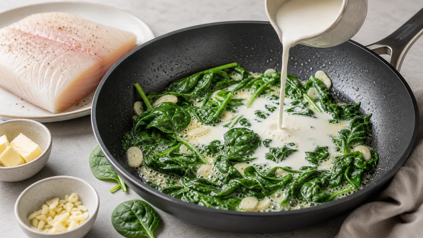 Blattspinat wird mit Butter, Knoblauch und Sahne für Keto Heilbutt zubereitet