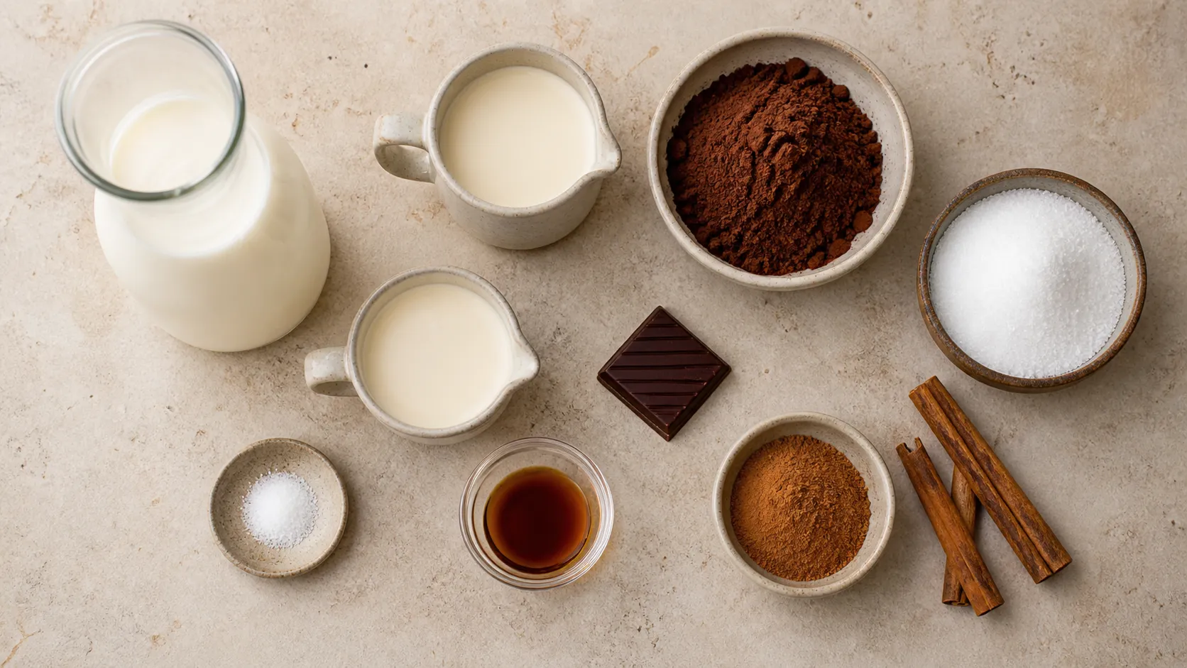 Zutaten für die Keto-Heiße-Schokolade: ungesüßter Mandeldrink, Sahne, stark entöltes Kakaopulver, Zartbitterschokolade, Erythrit und Zimtstangen