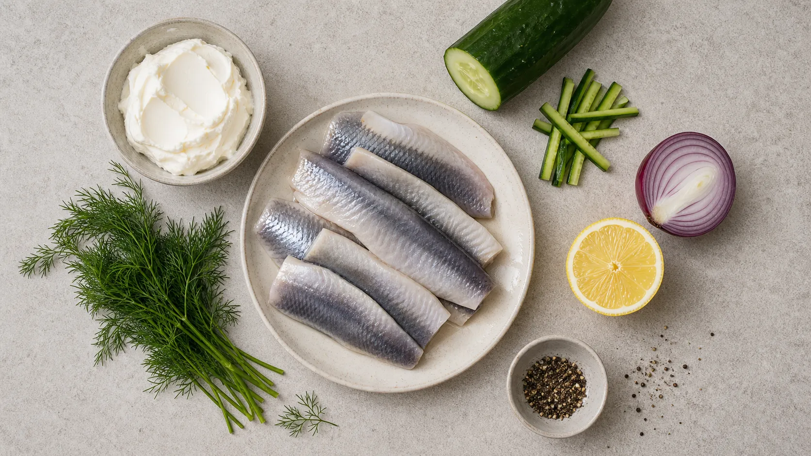 Zutaten für Keto Hering-Röllchen: Bismarckhering-Filets, Frischkäse, frischer Dill, Gurke und rote Zwiebel