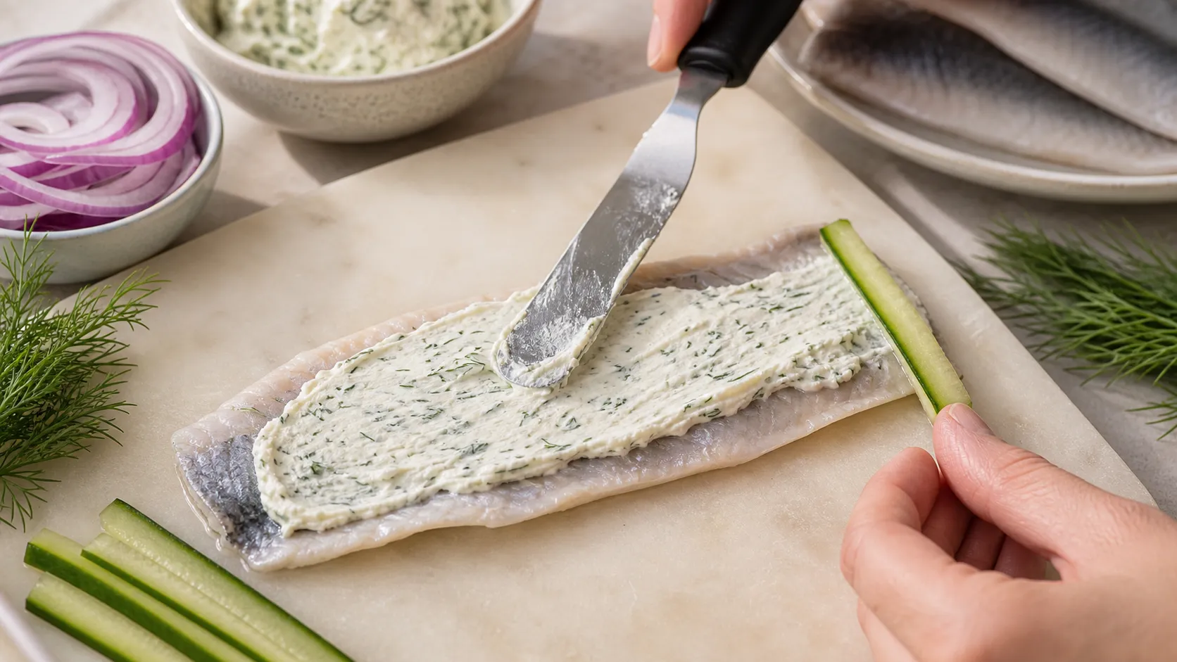 Frischkäse-Dill-Füllung wird auf ein Bismarckhering-Filet gestrichen, bevor es aufgerollt wird