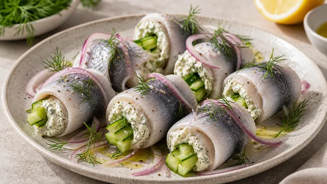Keto Hering-Dill-Frischkäse-Röllchen auf einem Teller, aufgerollt mit sichtbarer Dill-Frischkäse-Füllung und Gurkenscheiben