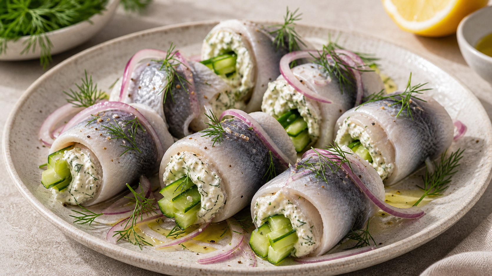 Keto Hering-Dill-Frischkäse-Röllchen auf einem Teller, aufgerollt mit sichtbarer Dill-Frischkäse-Füllung und Gurkenscheiben