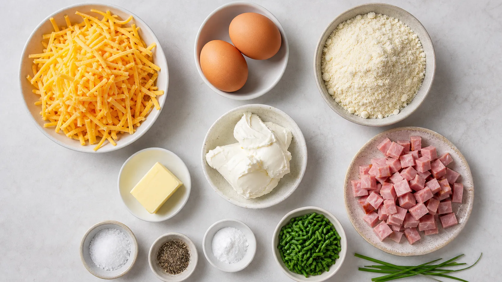 Zutaten für herzhafte Keto-Schinken-Käse-Waffeln: geriebener Käse, Eier, Mandelmehl, Schinken und Frischkäse