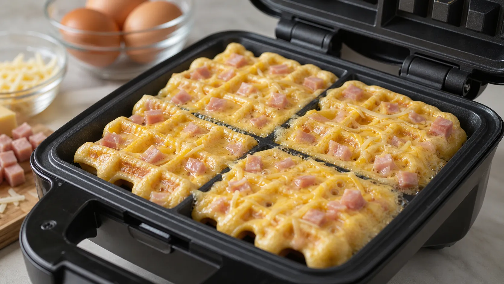 Käse-Ei-Teig mit Schinkenwürfeln im heißen Waffeleisen