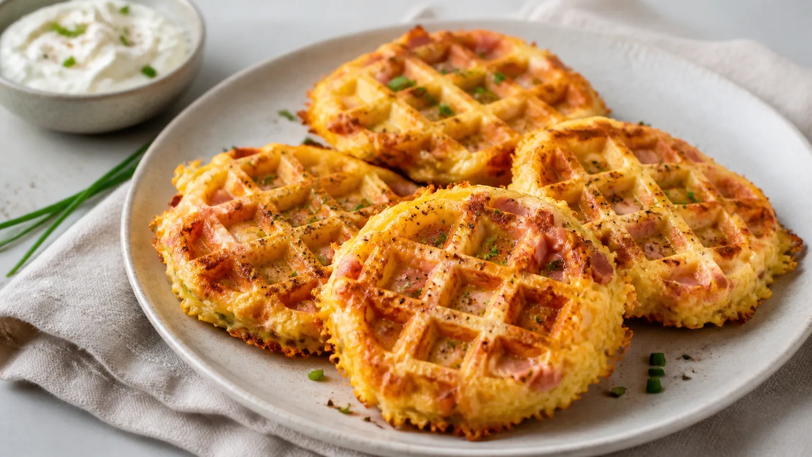Herzhafte Keto-Schinken-Käse-Waffeln mit geschmolzenem Käse und Schnittlauch auf einem Teller