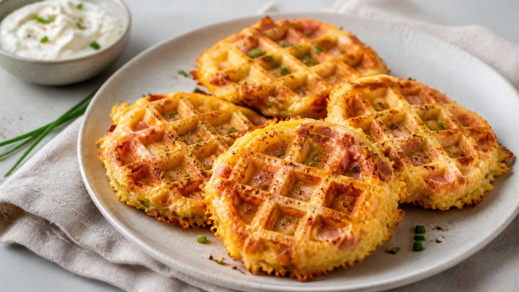 Herzhafte Keto-Schinken-Käse-Waffeln mit geschmolzenem Käse und Schnittlauch auf einem Teller
