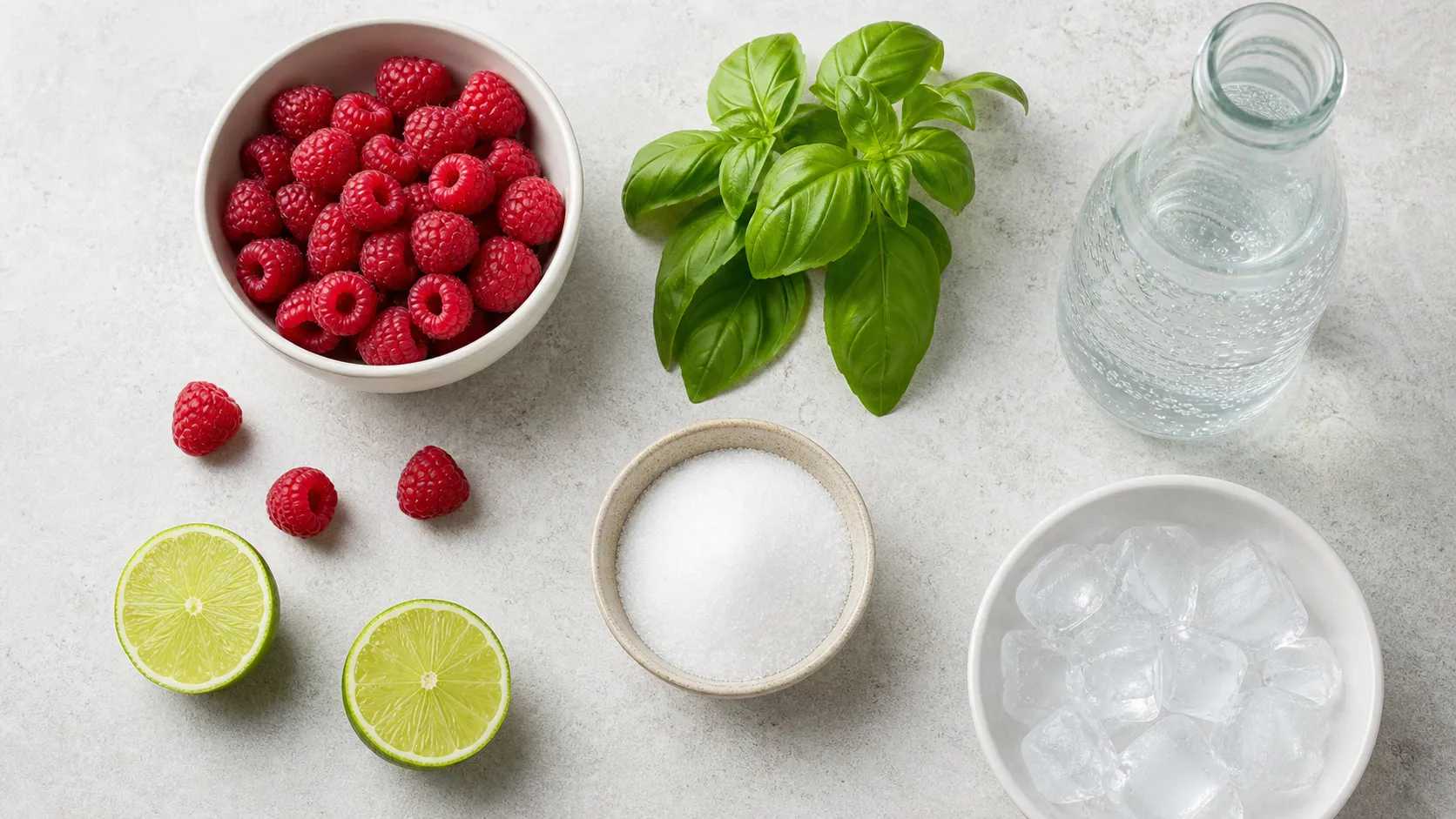 Zutaten für Keto-Himbeer-Basilikum-Spritzer mit Himbeeren, Basilikum, Limette, Erythrit und Sprudelwasser
