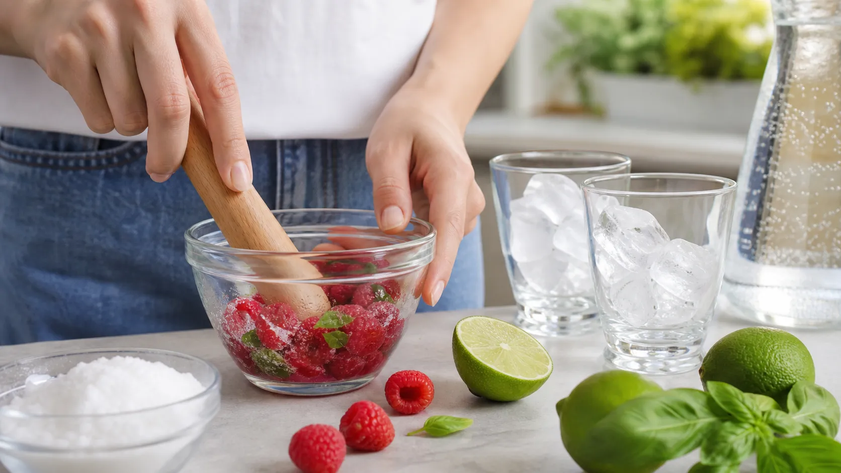 Himbeeren werden mit Erythrit und Basilikum zu einem Sirup zerdrückt, daneben stehen Gläser mit Eis