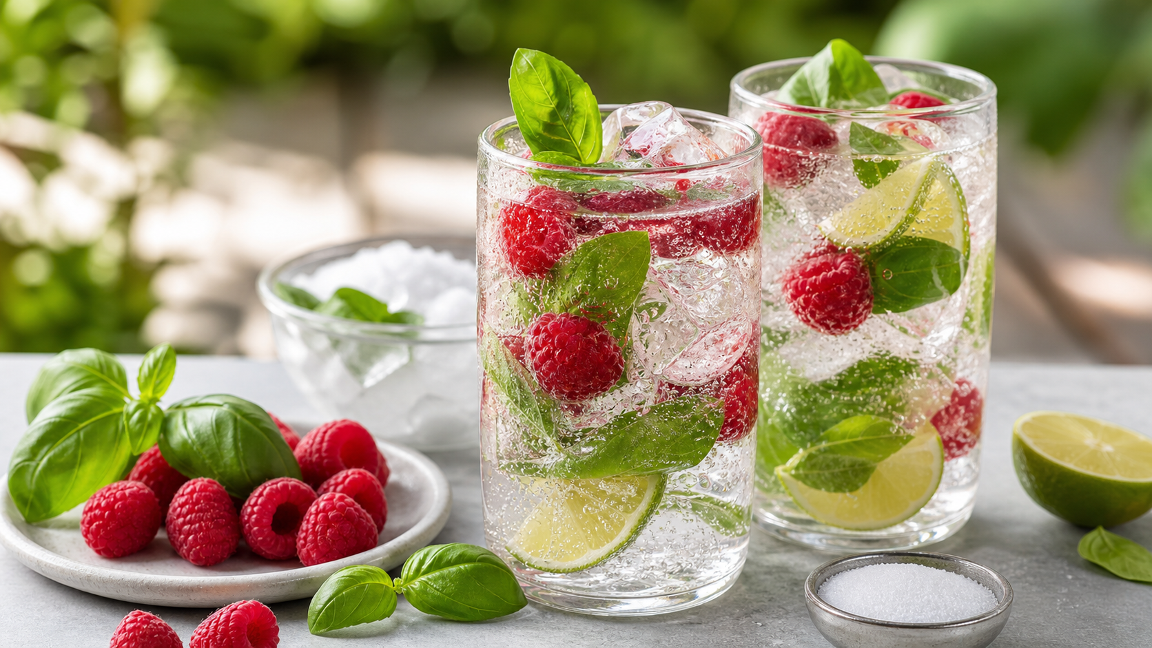 Alkoholfreier Keto-Himbeer-Basilikum-Spritzer mit Eiswürfeln, Himbeeren und Basilikum in zwei Gläsern
