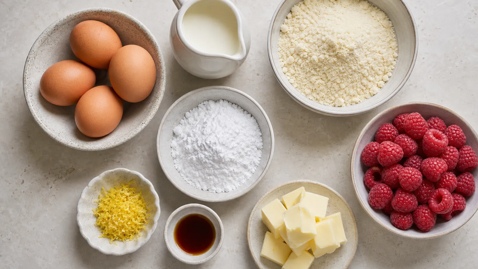 Zutaten für Keto-Clafoutis: Eier, Sahne, Mandelmehl, Erythrit, Vanille, Zitronenschale und frische Himbeeren