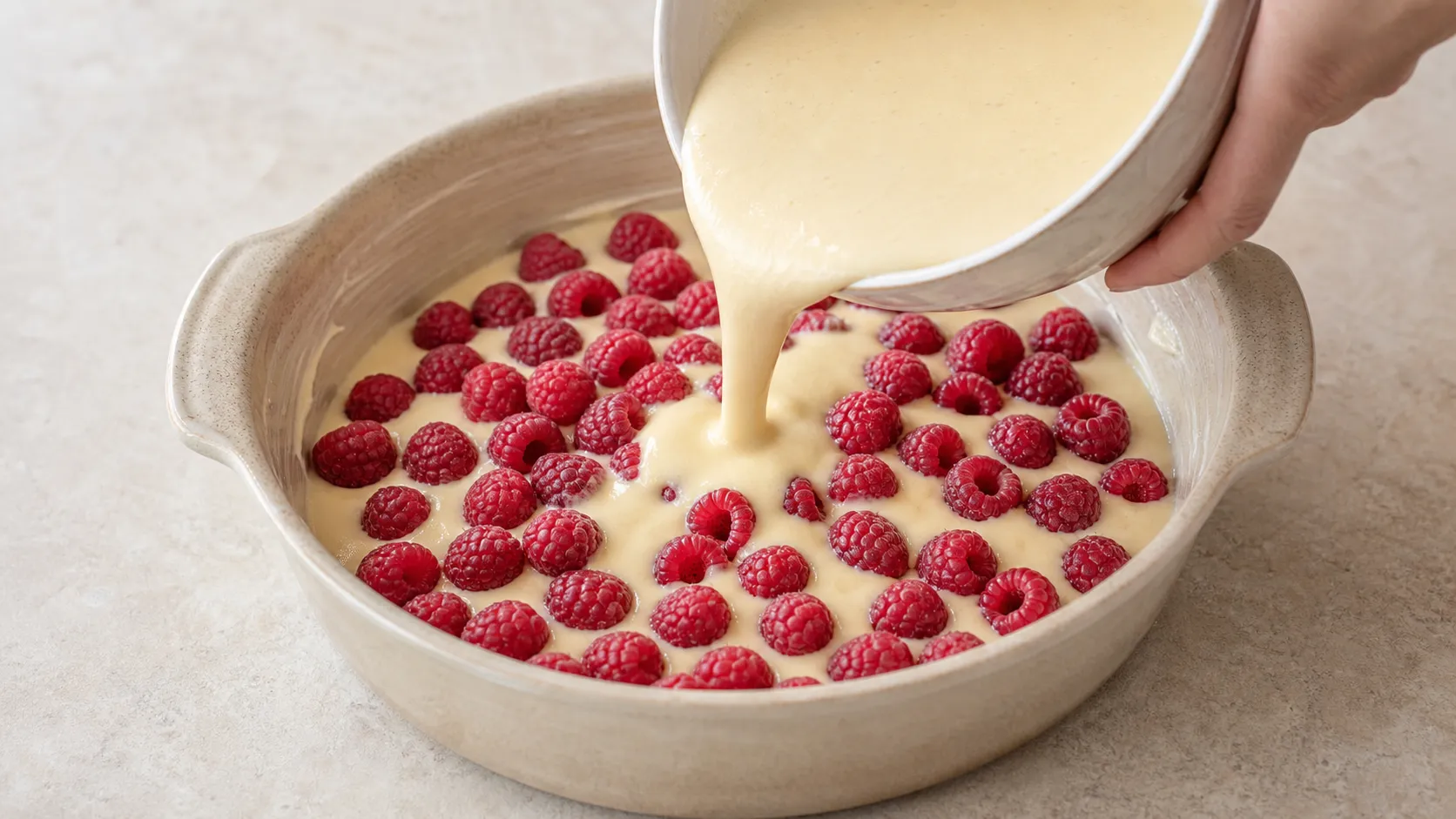 Flüssiger Clafoutis-Teig wird über in der Form verteilte Himbeeren gegossen
