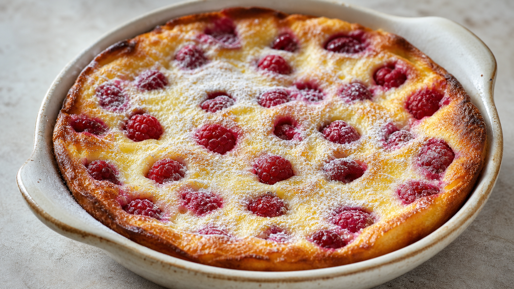 Keto-Clafoutis mit Himbeeren in einer runden Auflaufform, goldbraun gebacken und mit Puderzucker-Ersatz bestäubt