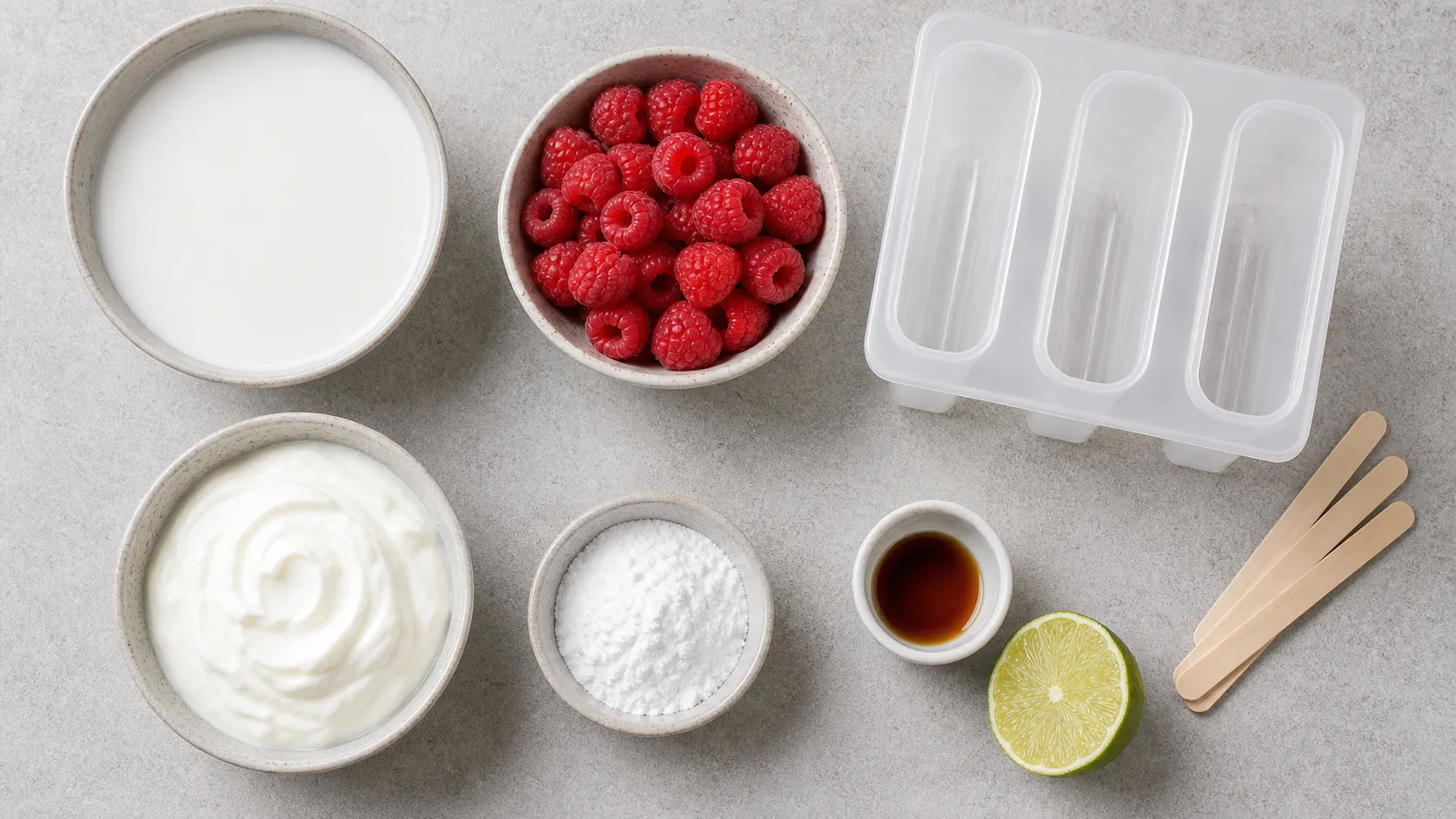 Zutaten für Keto-Eis am Stiel: Kokosmilch, Himbeeren, griechischer Joghurt, Erythrit und Vanille
