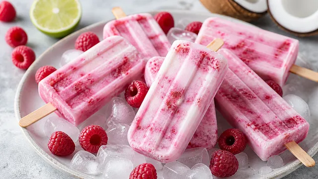 Rosa marmoriertes Keto-Eis am Stiel mit Himbeeren und Kokosmilch auf einem Teller mit Eiswürfeln