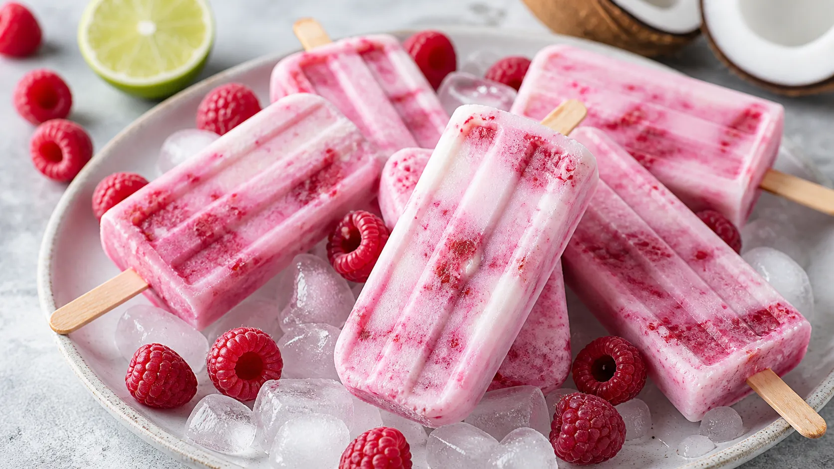 Rosa marmoriertes Keto-Eis am Stiel mit Himbeeren und Kokosmilch auf einem Teller mit Eiswürfeln