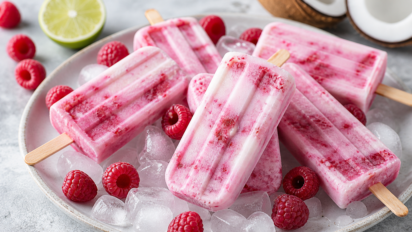 Rosa marmoriertes Keto-Eis am Stiel mit Himbeeren und Kokosmilch auf einem Teller mit Eiswürfeln