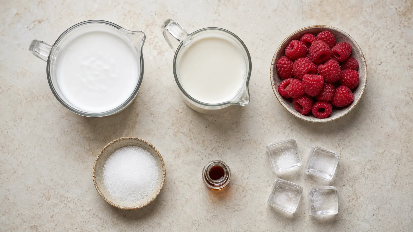 Zutaten für Keto-Himbeer-Kokos-Shake: Kokosmilch, ungesüßte Mandelmilch, Himbeeren, Erythrit und Vanilleextrakt