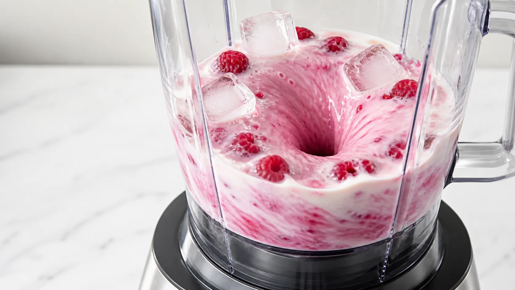 Himbeeren und Kokosmilch werden im Mixer zu einem cremigen rosafarbenen Shake püriert