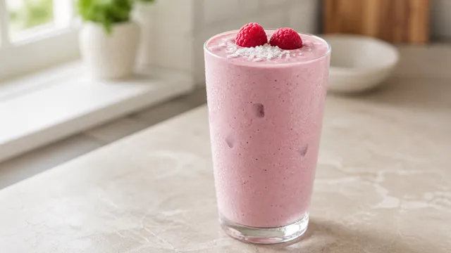 Cremiger veganer Keto-Himbeer-Kokos-Shake in einem Glas mit Himbeeren und Kokosraspeln garniert