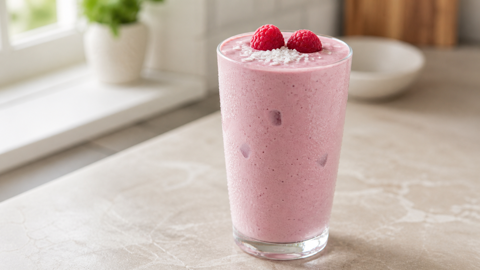 Cremiger veganer Keto-Himbeer-Kokos-Shake in einem Glas mit Himbeeren und Kokosraspeln garniert