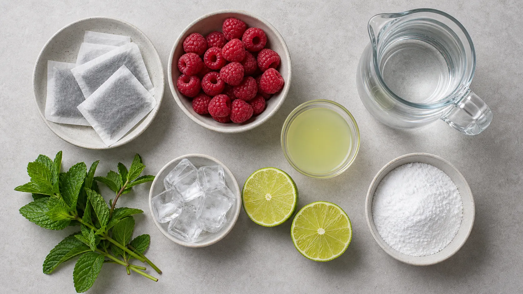 Zutaten für Keto-Himbeer-Limetten-Eistee: Schwarzteebeutel, Himbeeren, Limette, Erythrit, Minze und Eiswürfel