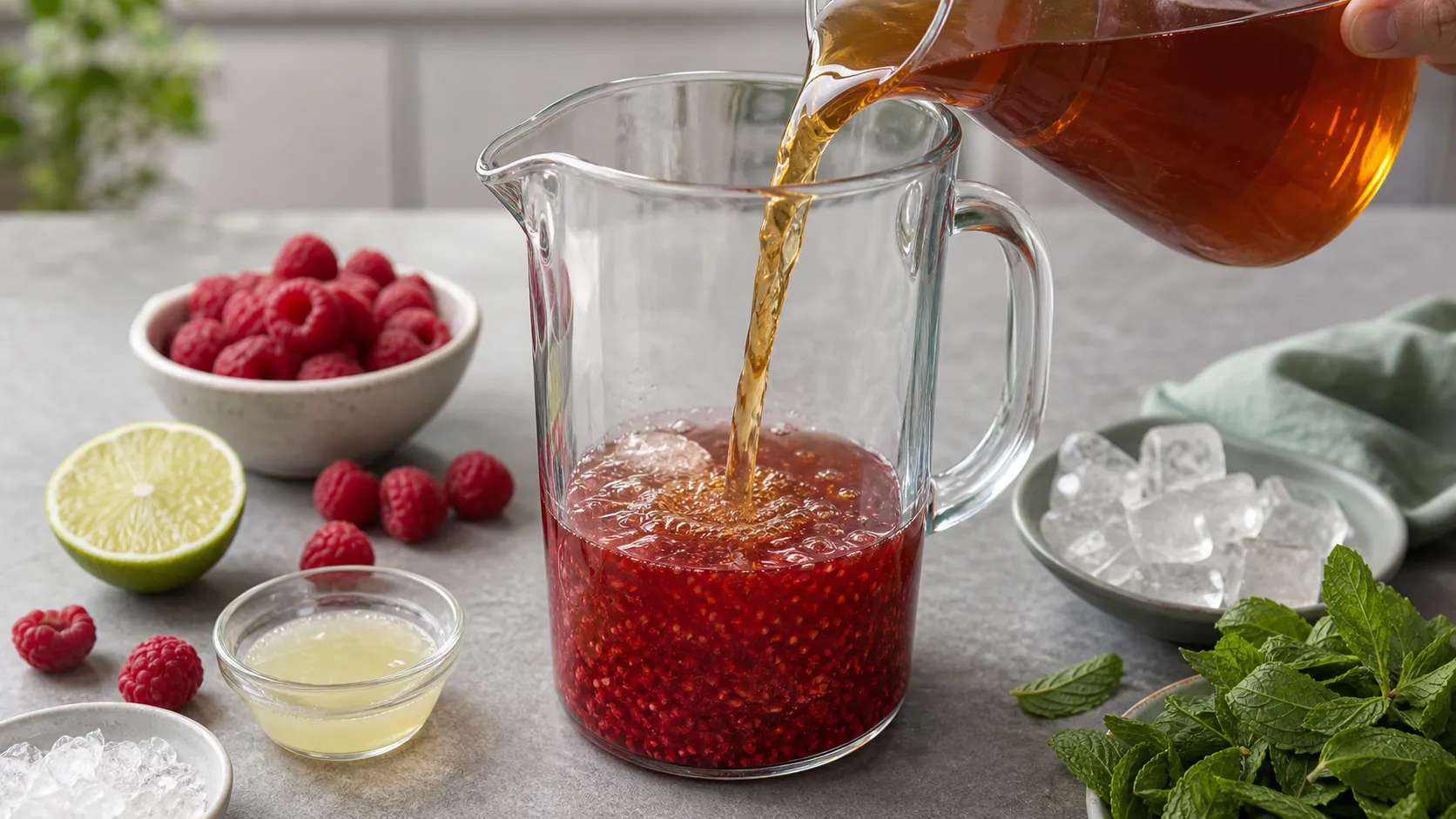 Himbeeren werden zerdrückt und mit abgekühltem Tee in einer Karaffe vermischt