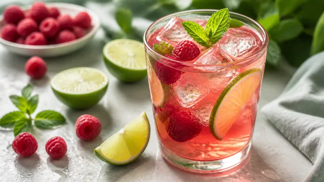 Glas Keto-Himbeer-Limetten-Eistee mit Eiswürfeln, Himbeeren, Limettenscheiben und Minze