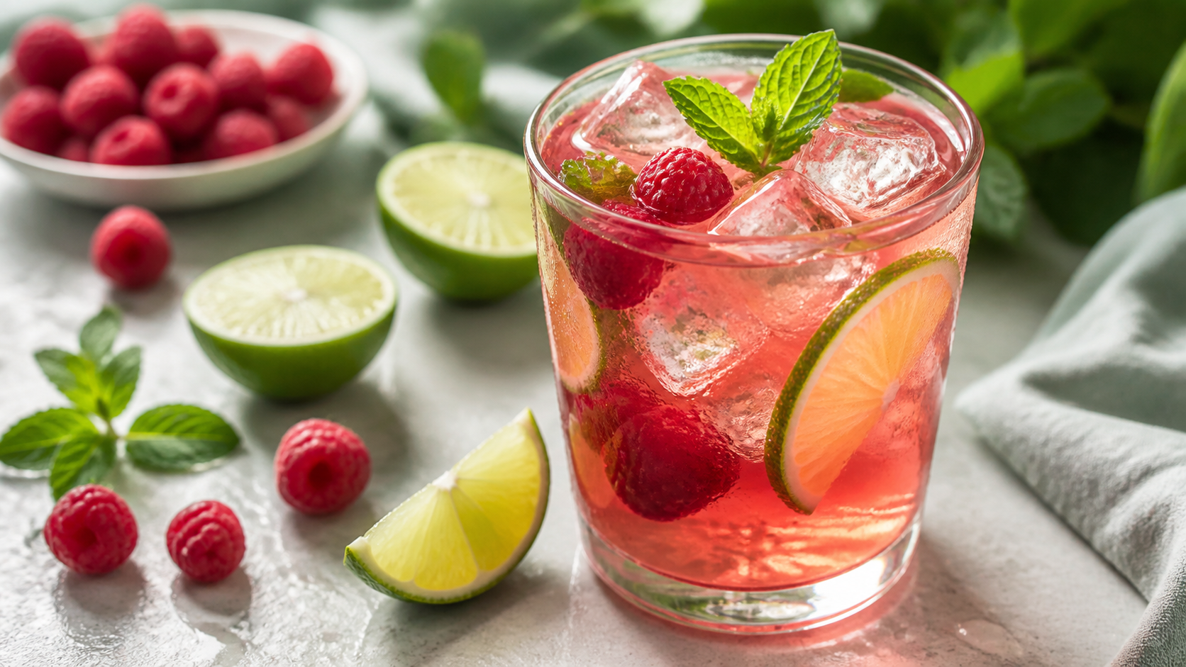 Glas Keto-Himbeer-Limetten-Eistee mit Eiswürfeln, Himbeeren, Limettenscheiben und Minze
