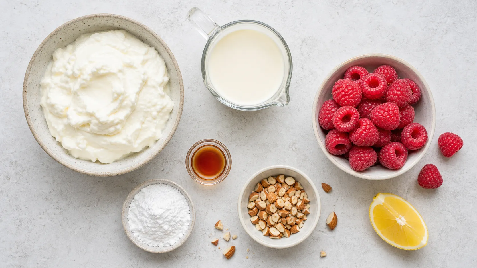 Zutaten für Keto-Himbeer-Quark-Mousse: Quark, Sahne, Himbeeren, Erythrit und Mandeln