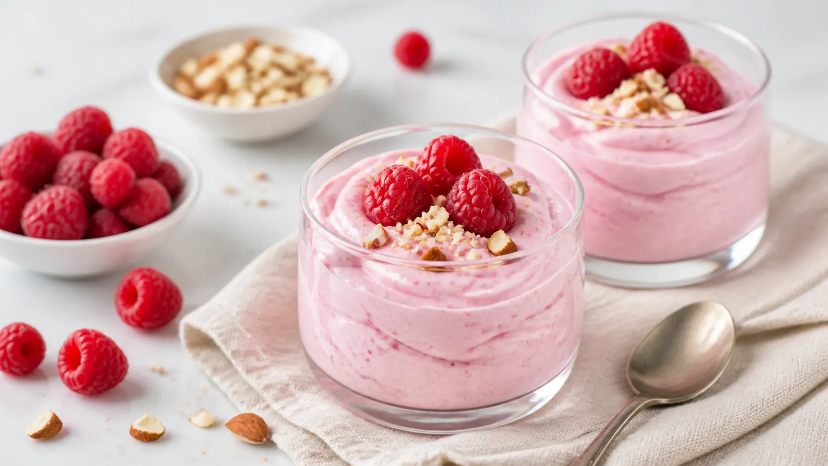 Keto-Himbeer-Quark-Mousse in zwei Gläsern mit frischen Himbeeren und gehackten Mandeln