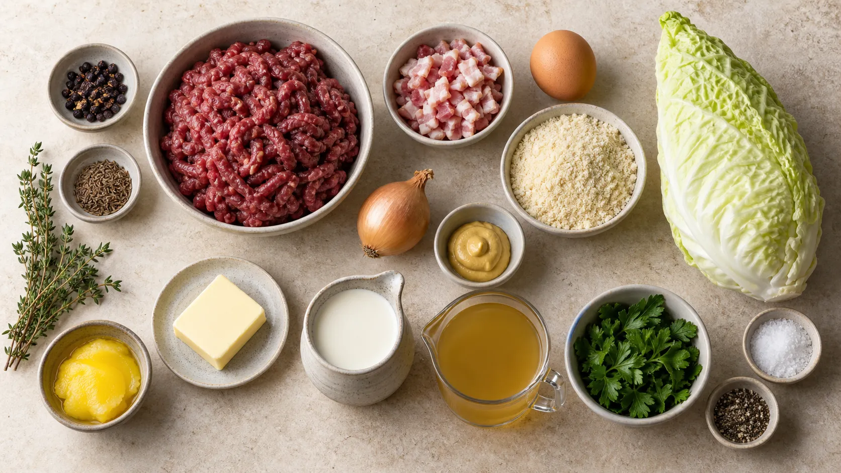 Zutaten für Keto-Hirschfrikadellen: Hirschhackfleisch, Speck, Ei, Mandelmehl, Zwiebeln, Senf und Spitzkohl