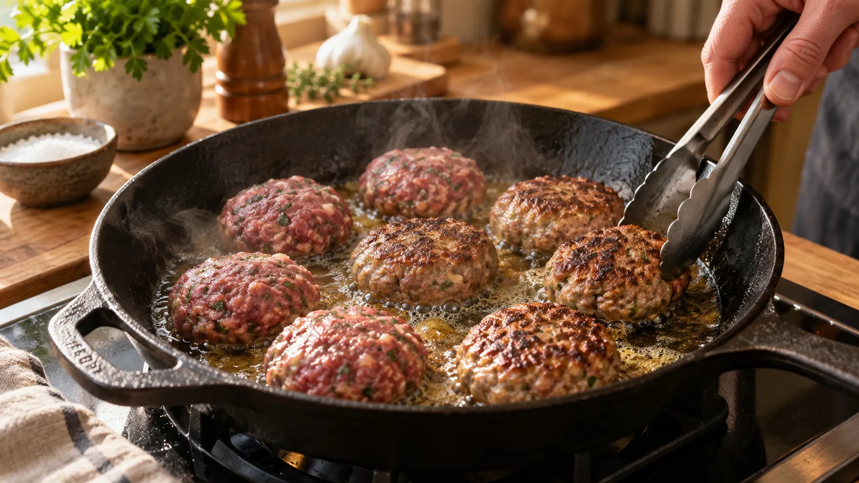 Geformte Hirschfrikadellen braten in Butterschmalz in einer gusseisernen Pfanne