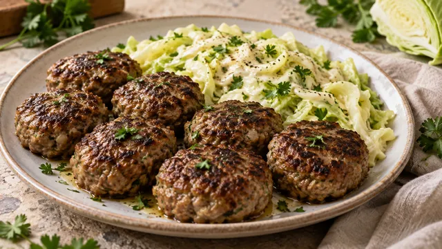 Keto-Hirschfrikadellen mit Rahm-Spitzkohl auf einem Teller angerichtet