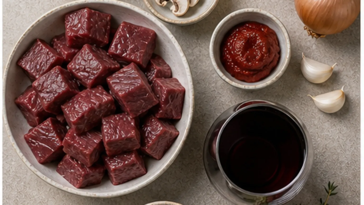 Zutaten für Keto-Hirschgulasch mit Selleriepüree: Hirschgulasch, durchwachsener Speck, Butterschmalz, Zwiebeln, 2 Knoblauchzehen