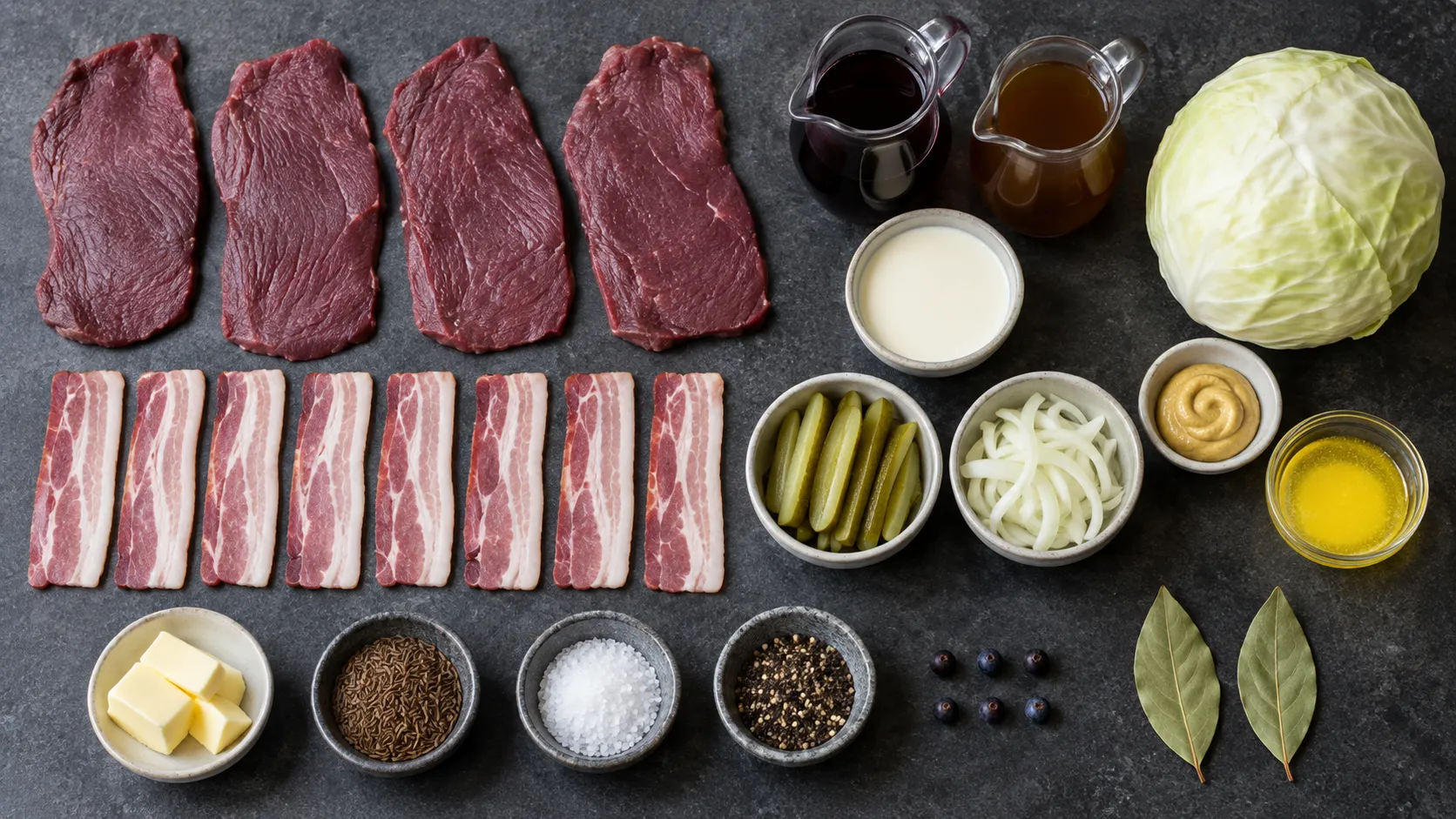 Zutaten für Hirschrouladen: dünne Hirschscheiben, Speck, Gewürzgurke, Zwiebel, Senf, Wacholderbeeren und Weißkohl