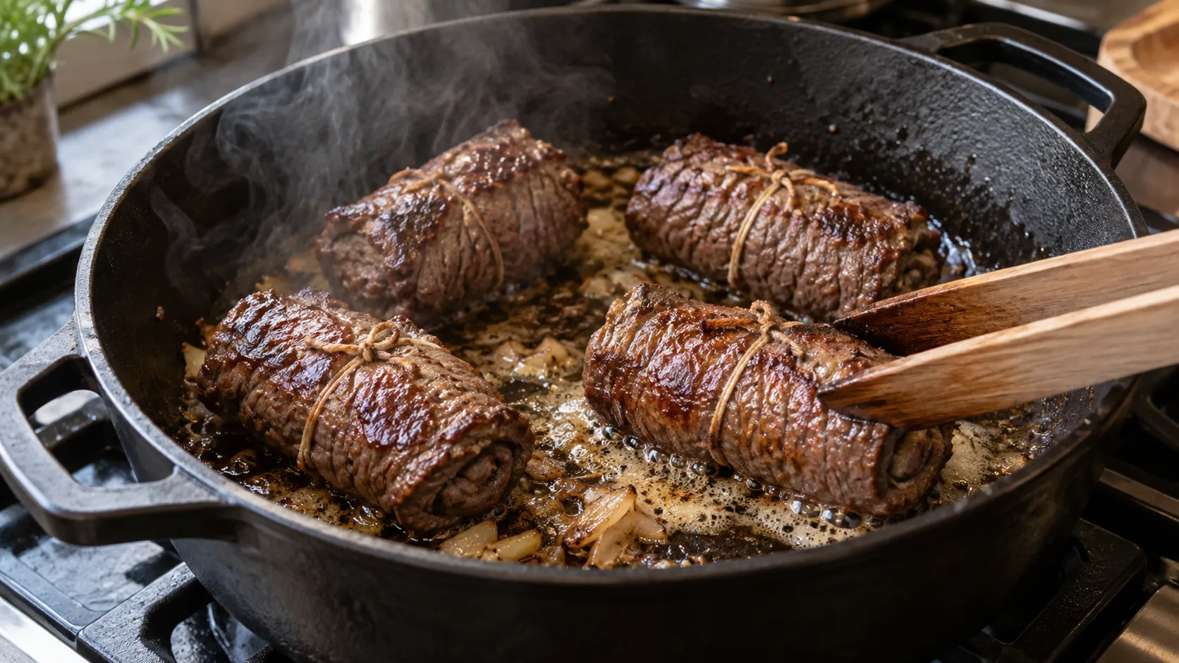 Gerollte und gebundene Hirschrouladen braten im Bräter an, daneben der Schmorfond