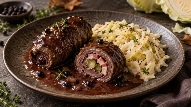 Aufgeschnittene Hirschroulade mit Speck- und Gurkenfüllung, dunkler Sauce und Rahm-Weißkohl auf einem Teller