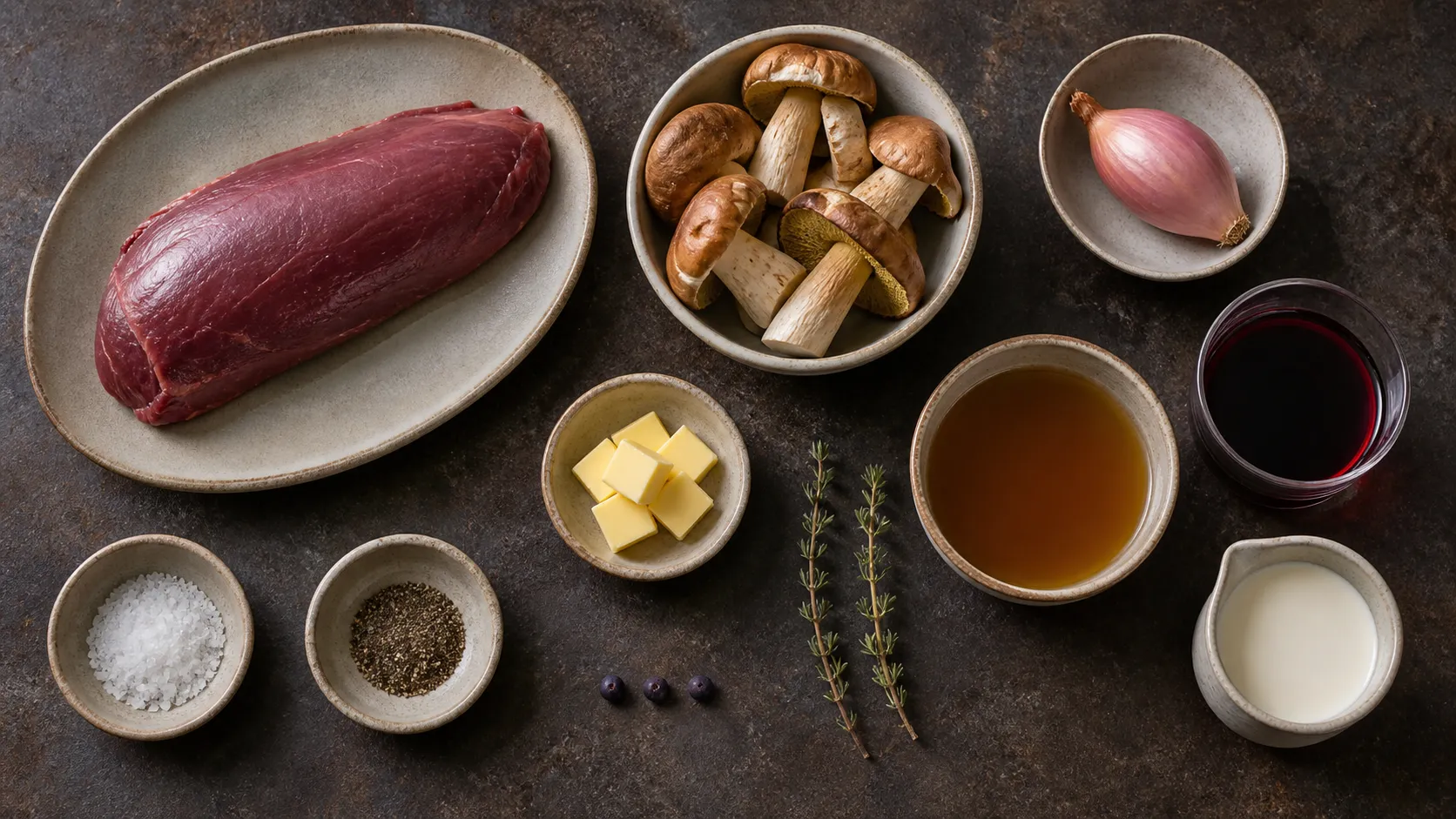 Zutaten für Hirschrücken: pariertes Rückenfilet, frische Maronenröhrlinge, Schalotte, Wacholderbeeren, Thymian, Butter und Rotwein