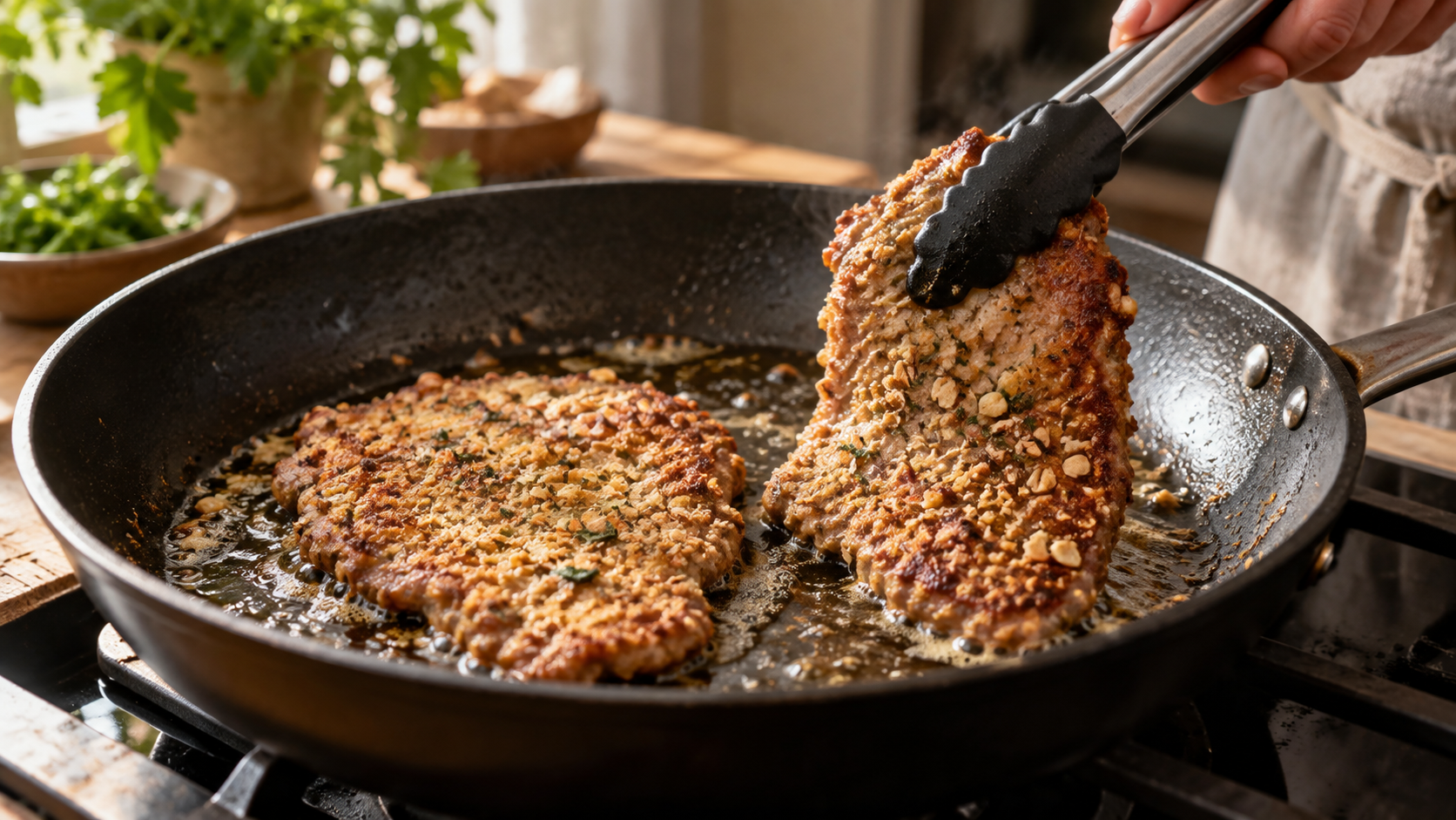 Ein paniertes Hirschschnitzel brät in einer Pfanne in schäumendem Butterschmalz, daneben ein Topf mit Mangoldstielen in Sahne