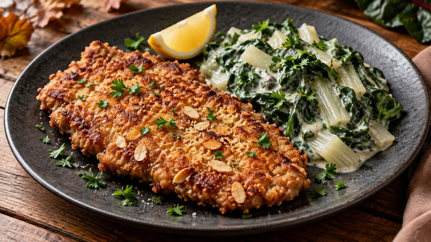 Goldbraun gebackenes Hirschschnitzel mit Mandelpanade auf einem Teller neben cremigem Rahm-Mangold und einer Zitronenspalte