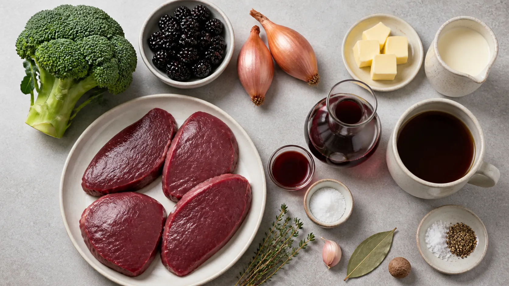 Zutaten für das Gericht: vier Hirschsteaks, eine Schale Brombeeren, ein Brokkolikopf, Schalotten, Butter, Sahne, Rotwein, Thymian und Wildfond